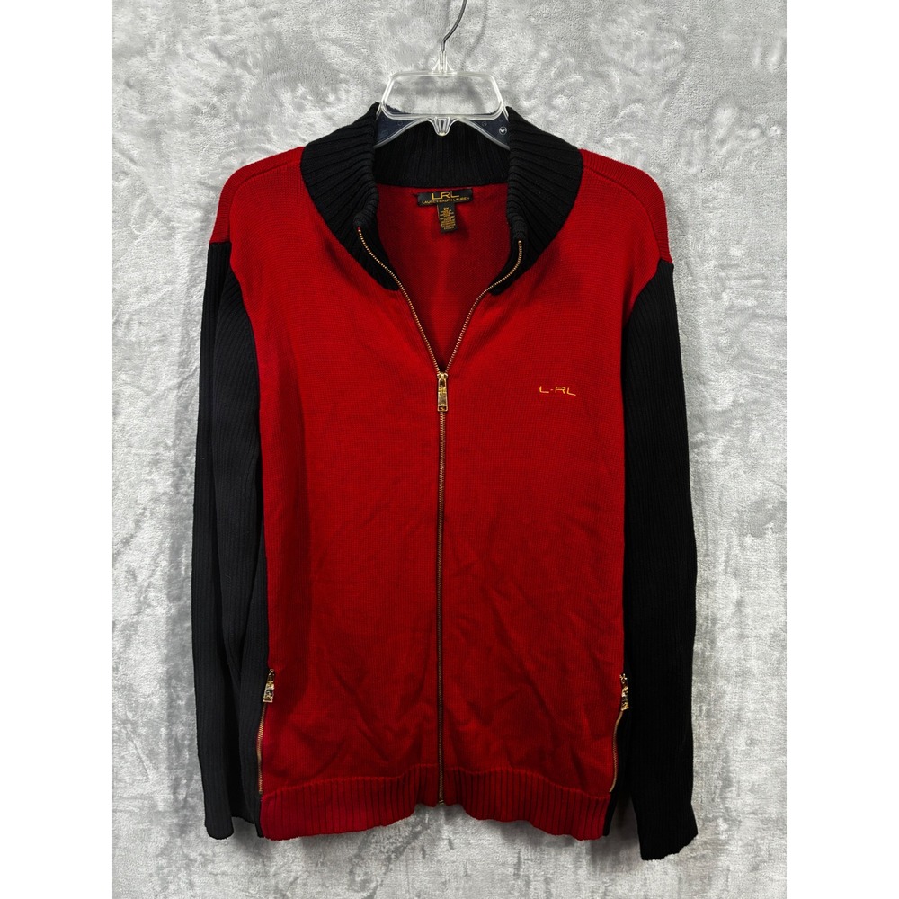 Lauren Ralph Lauren Womens 2X Red Black Colorblock Full Zip Cotton Cardigan